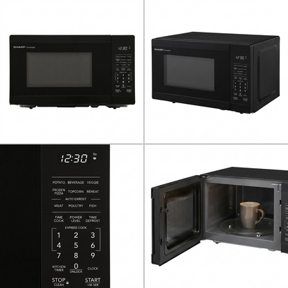 Visual matrix grid showing the Sharp SMC0760KBC microwave from four angles with doors closed/open.