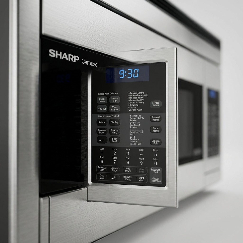 A high-resolution macro photograph showing the detailed keypad, blue LED display, and "SHARP Carousel" branding on the convection microwave.