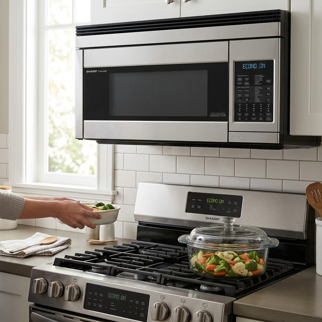 A lifestyle image featuring the SHARP R1874TY over-the-range microwave.