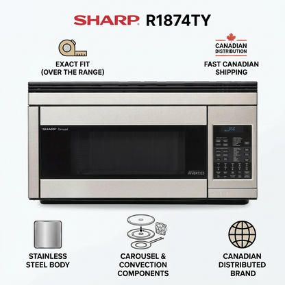Infographic of SHARP R1874TY microwave detailing fits, features, and fast Canadian shipping.