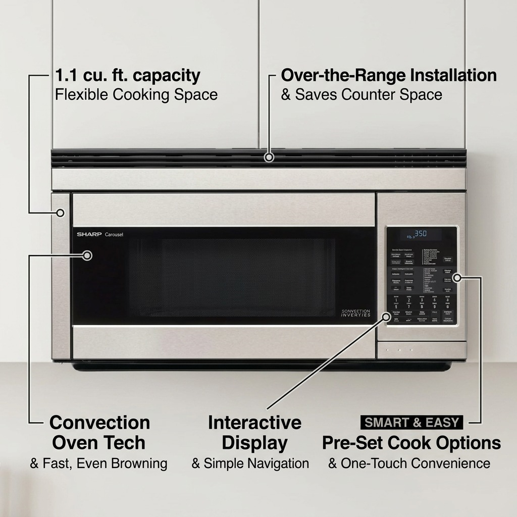 Feature callout graphic of the SHARP R1874TY, highlighting capacity, convection cooking, display, and pre-set options.