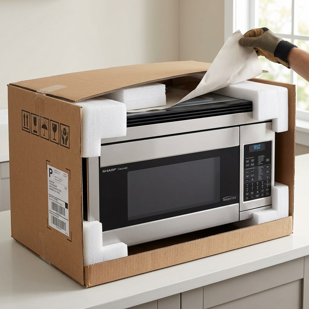 An unboxing scene shows a gloved hand lifting paper from a well-protected SHARP R1874TY microwave in a cardboard box.