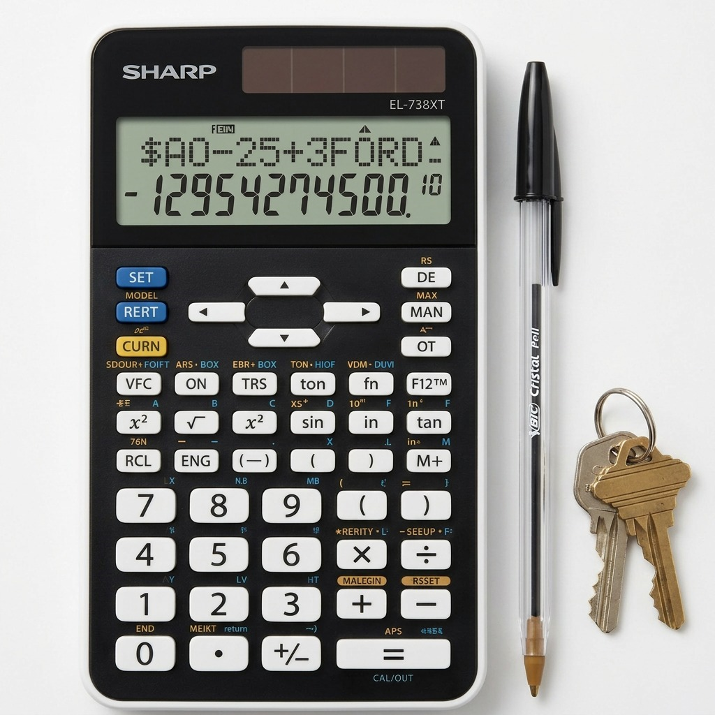 Sharp EL738XT calculator beside a classic ballpoint pen and house keys for tangible size reference.