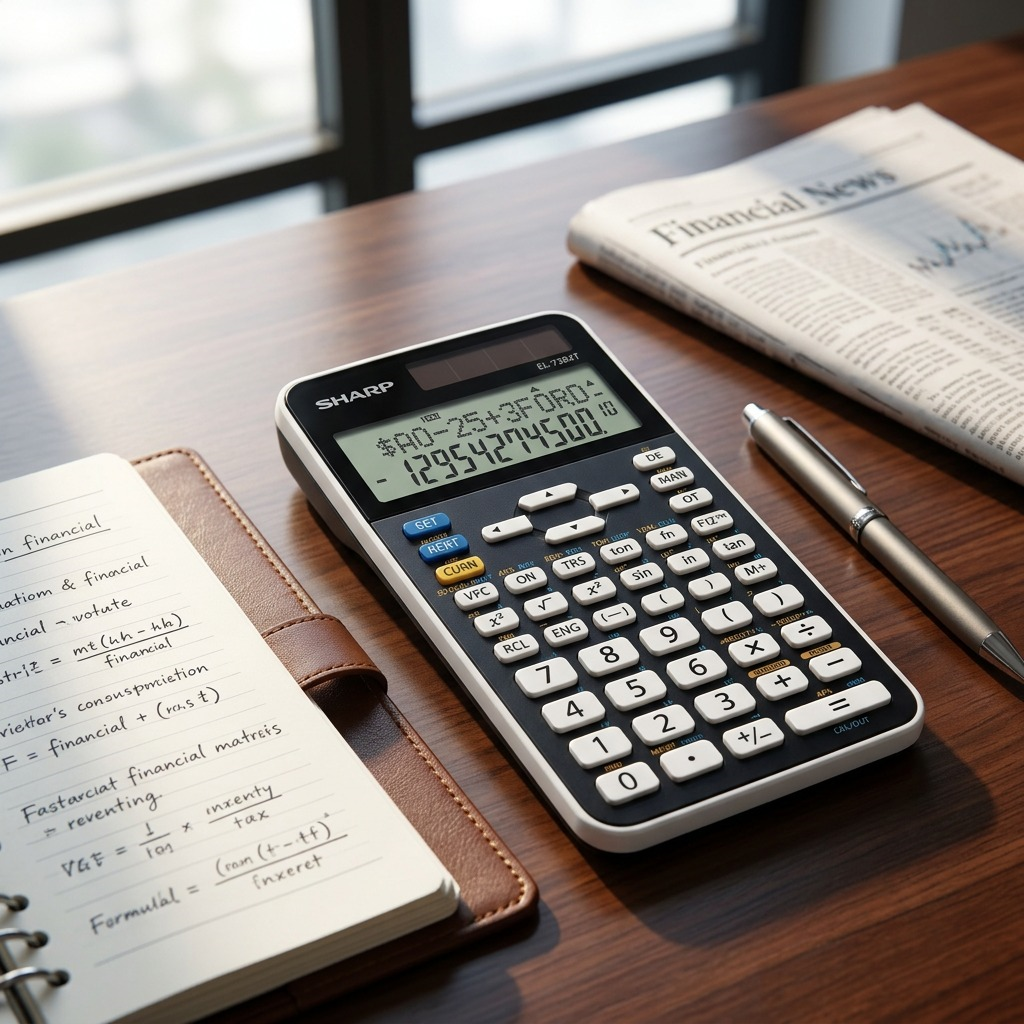 A Sharp EL738XT calculator rests on a wooden desk with a notebook and pen, used for business calculations.