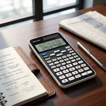 A Sharp EL738XT calculator rests on a wooden desk with a notebook and pen, used for business calculations.