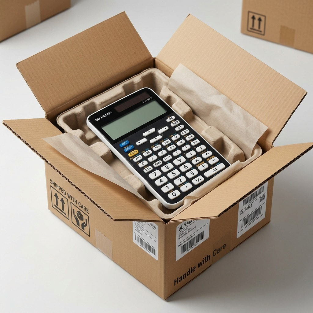 An open cardboard box revealing a SHARP EL-738XT financial calculator protected by molded cardboard inserts and tissue paper.