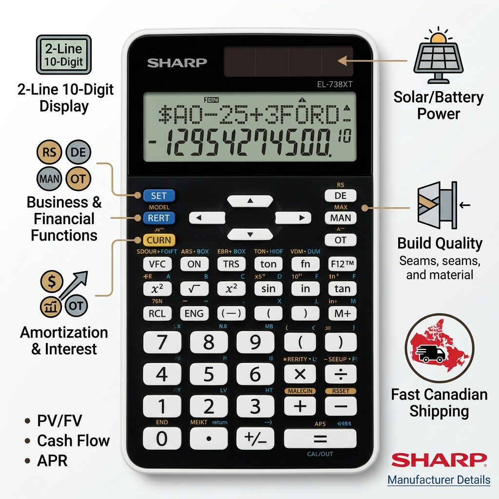PDP trust infographic for the SHARP EL738XT financial calculator with Canadian shipping icons.