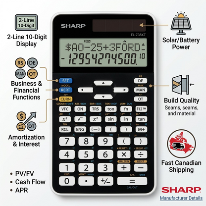 PDP trust infographic for the SHARP EL738XT financial calculator with Canadian shipping icons.