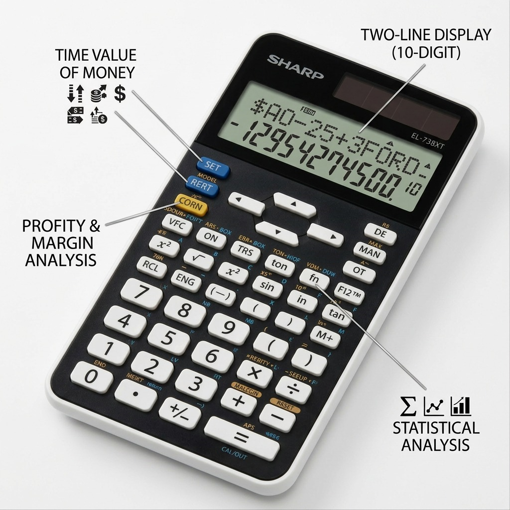 An ecommerce infographic callout for the SHARP EL-738XT, highlighting operational features with clean pointer lines and factual benefit labels on a white background. It showcases 'Time Value of Money Calculations,' 'Two-Line Display,' 'Profit/Margin Analysis,' and 'Statistical Analysis' directly referenced from the product's keypad and function design.