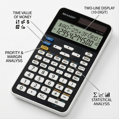 An ecommerce infographic callout for the SHARP EL-738XT, highlighting operational features with clean pointer lines and factual benefit labels on a white background. It showcases 'Time Value of Money Calculations,' 'Two-Line Display,' 'Profit/Margin Analysis,' and 'Statistical Analysis' directly referenced from the product's keypad and function design.