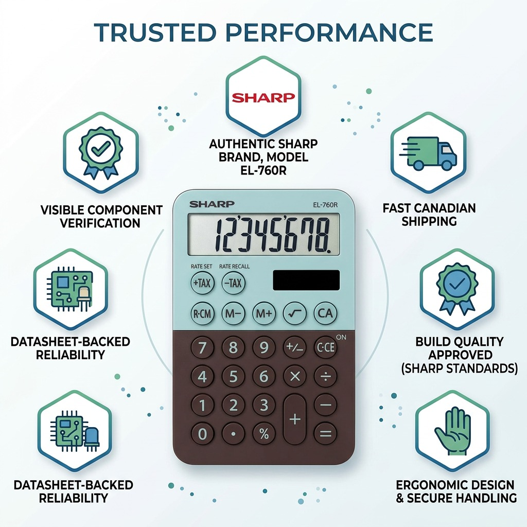 A professional infographic featuring the specific SHARP 2-tone mint and chocolate calculator with trust cues.