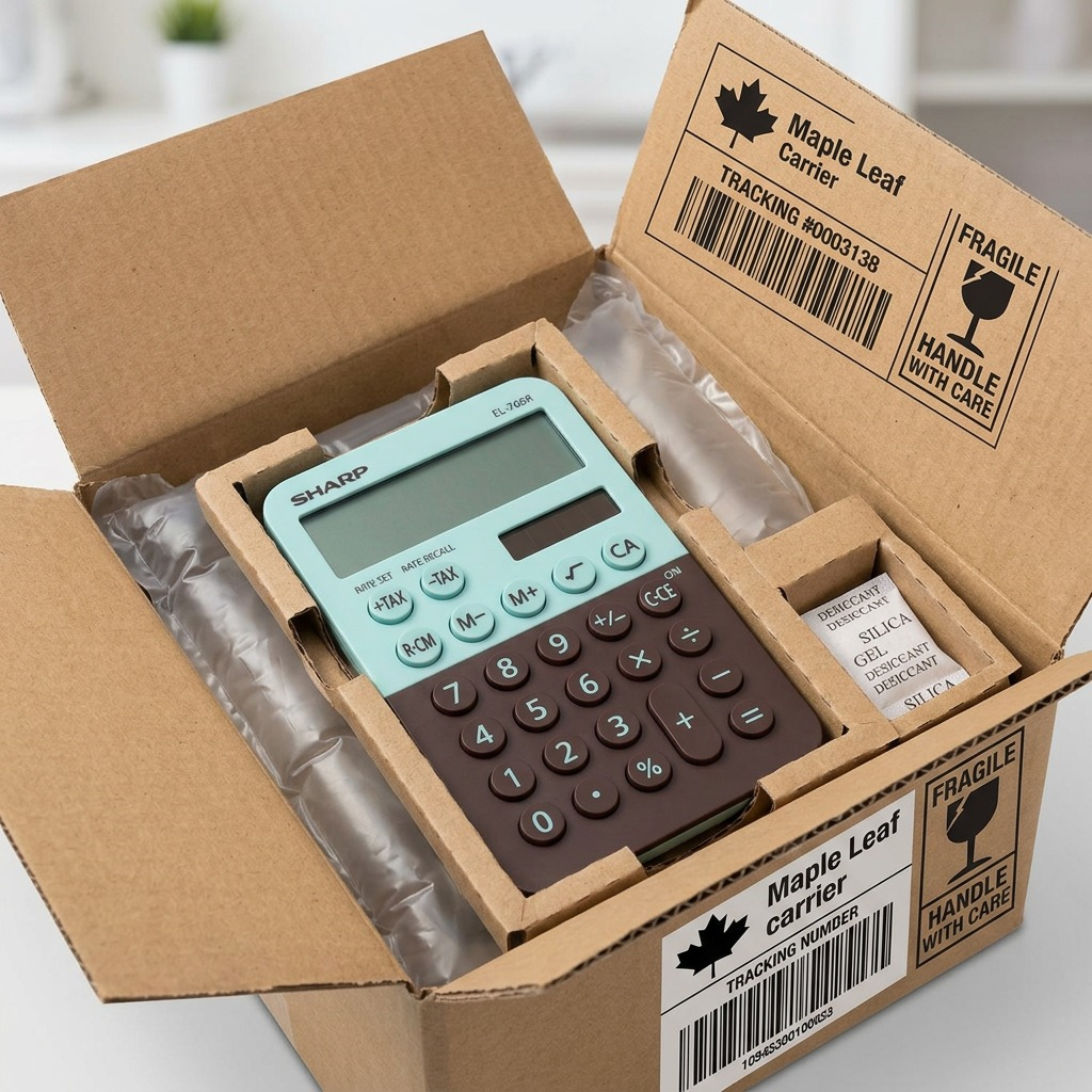A flat-lay view of the SHARP mint chocolate calculator resting securely on nested recycled cardboard, next to an open, kraft shipping box with a protective plastic air cushion. The scene conveys a safe delivery.