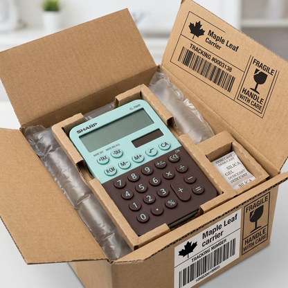 A flat-lay view of the SHARP mint chocolate calculator resting securely on nested recycled cardboard, next to an open, kraft shipping box with a protective plastic air cushion. The scene conveys a safe delivery.