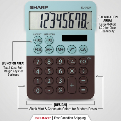 An operational feature callout visual highlighting the SHARP EL760RBMT calculator's core capabilities.