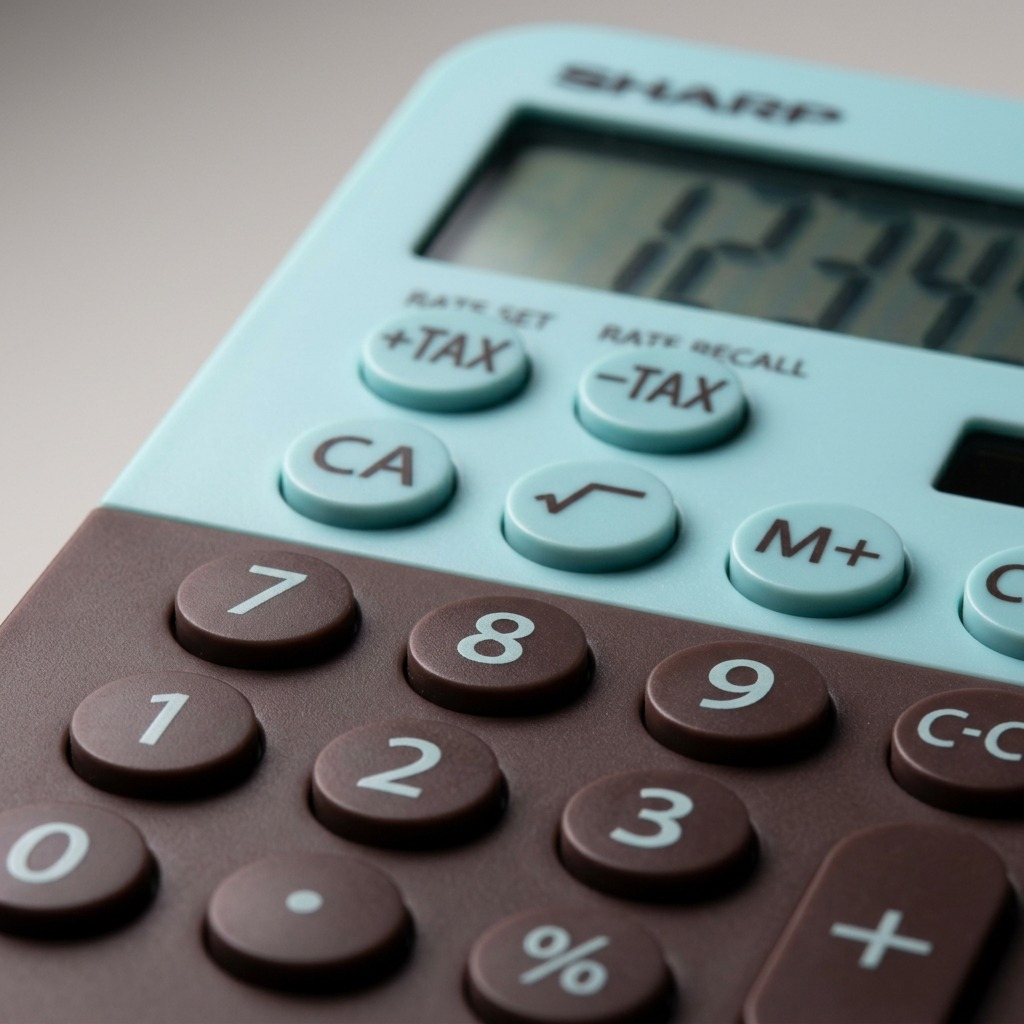 Macro photo detailing the high-contrast brown keys with white print and the precision laser-etched black display on the SHARP EL760RBMT calculator, showcasing matte and glossy textures under optimal lighting.