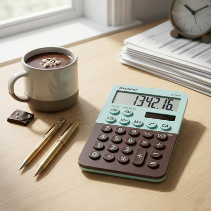 A close-up photograph of the realistic Sharp EL-760RBMT Mint Chocolate calculator on a textured wooden desk.