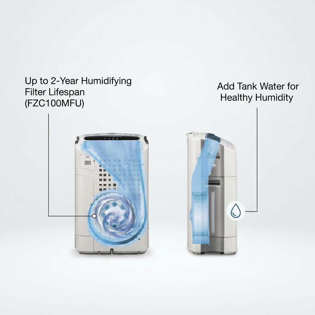 An infographic showing the KC-850U air purifier with callouts for the long-life FZC100MFU humidifying filter.