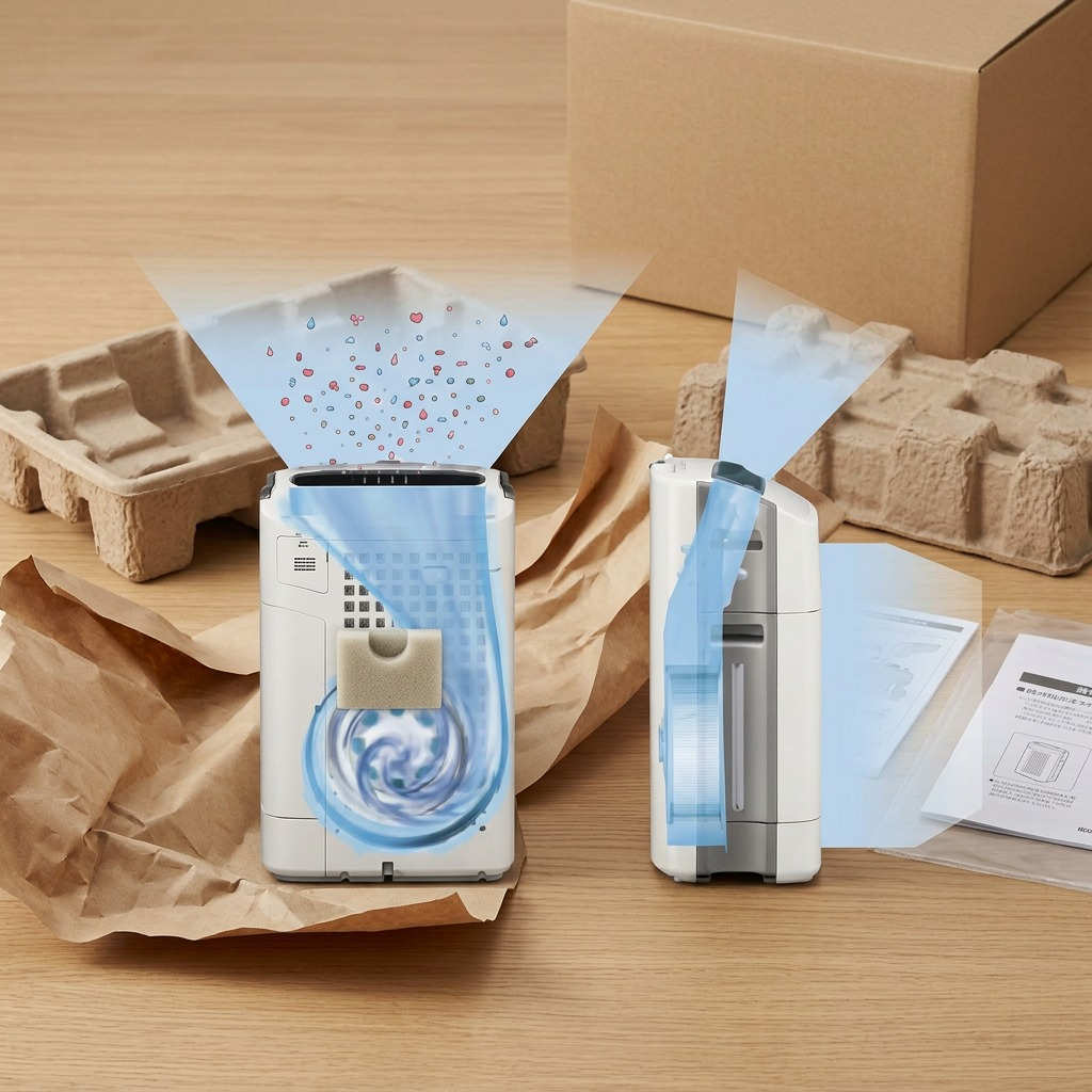 A photo of the humidifying filter unboxed, resting on sustainable kraft paper and molded pulp forms.