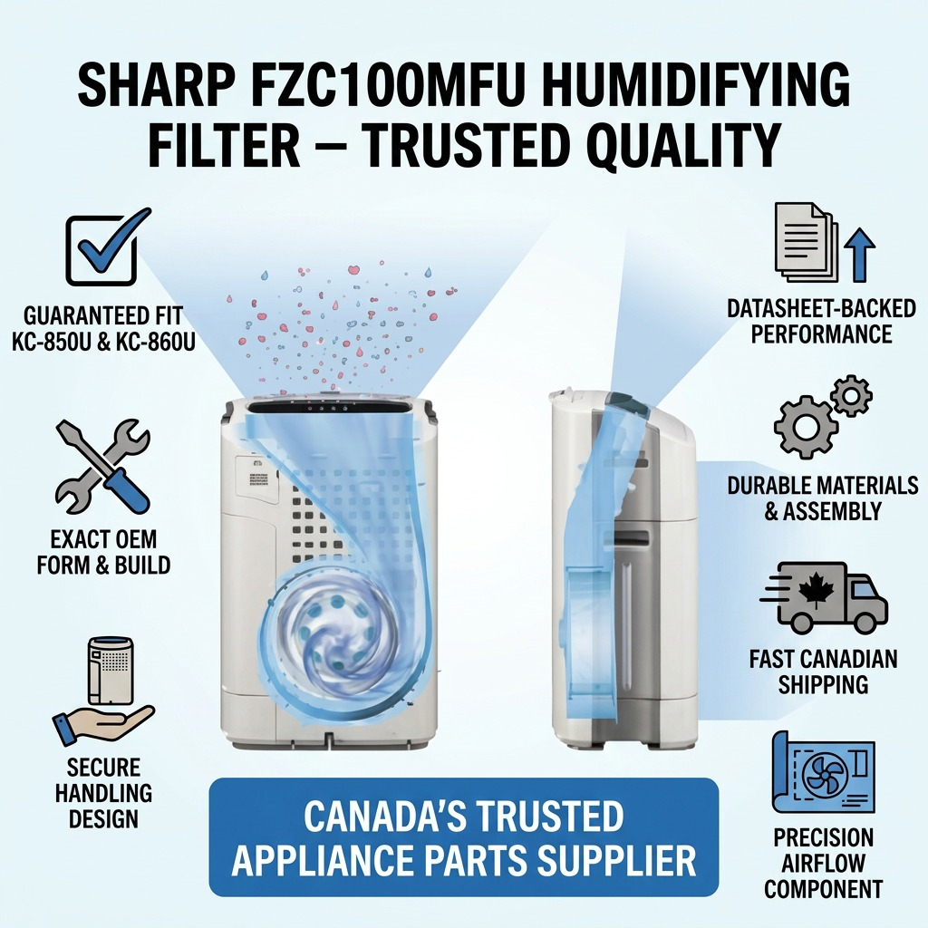 A trust infographic for the Sharp FZC100MFU filter, featuring product details and Canadian shipping icons.