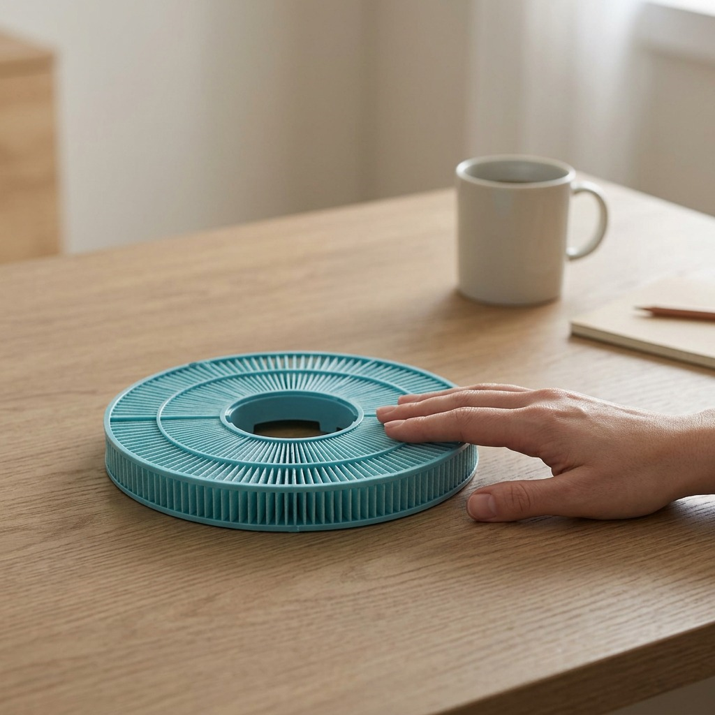 Scale reference photo of circular blue humidifying filter on a desk next to a human hand.