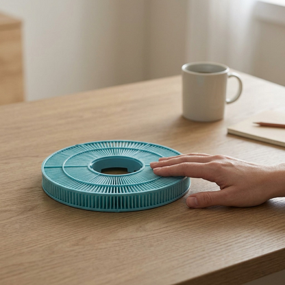 Scale reference photo of circular blue humidifying filter on a desk next to a human hand.