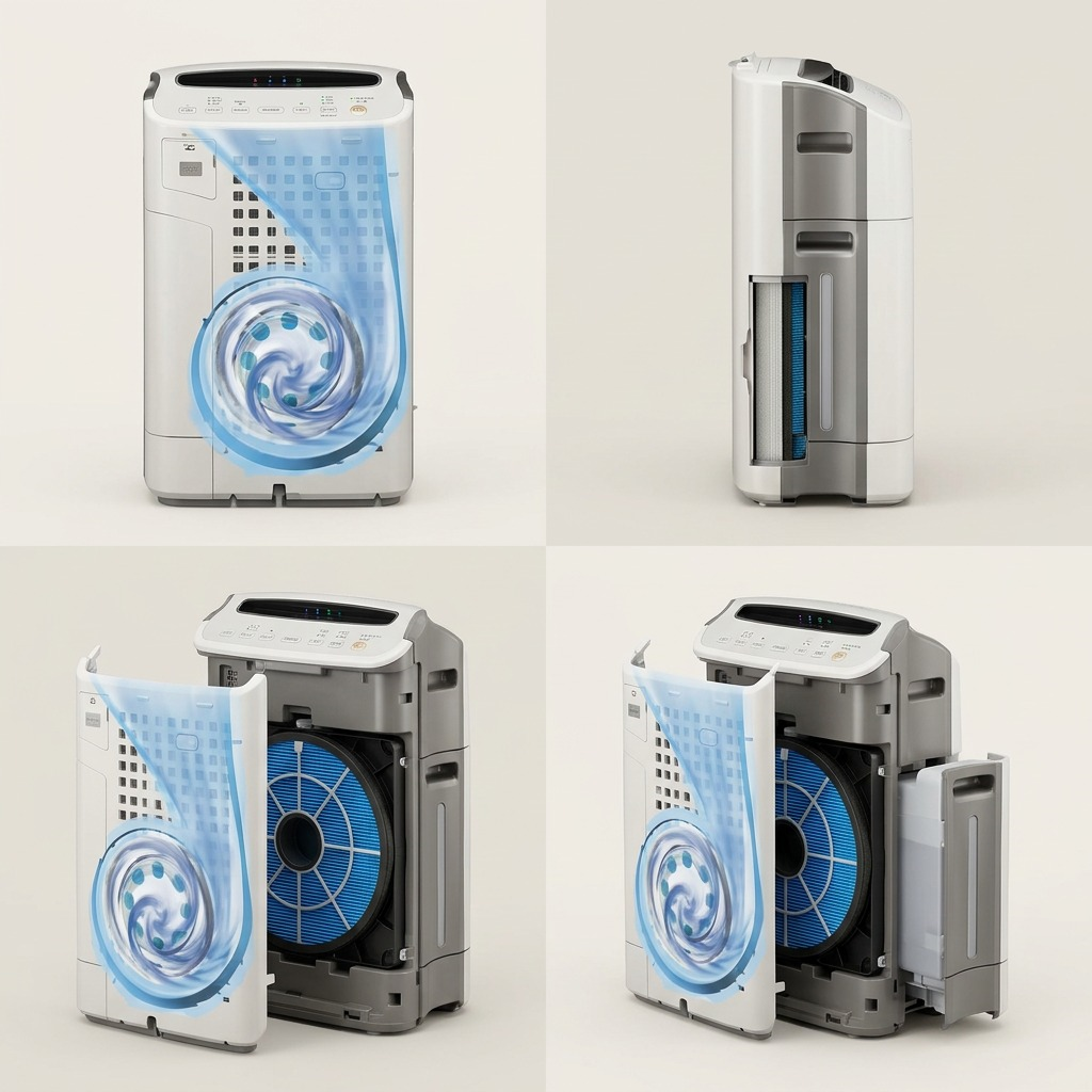 A four-panel grid showing the Sharp KC-850U/KC-860U air purifier unit and its internal humidifying filter.