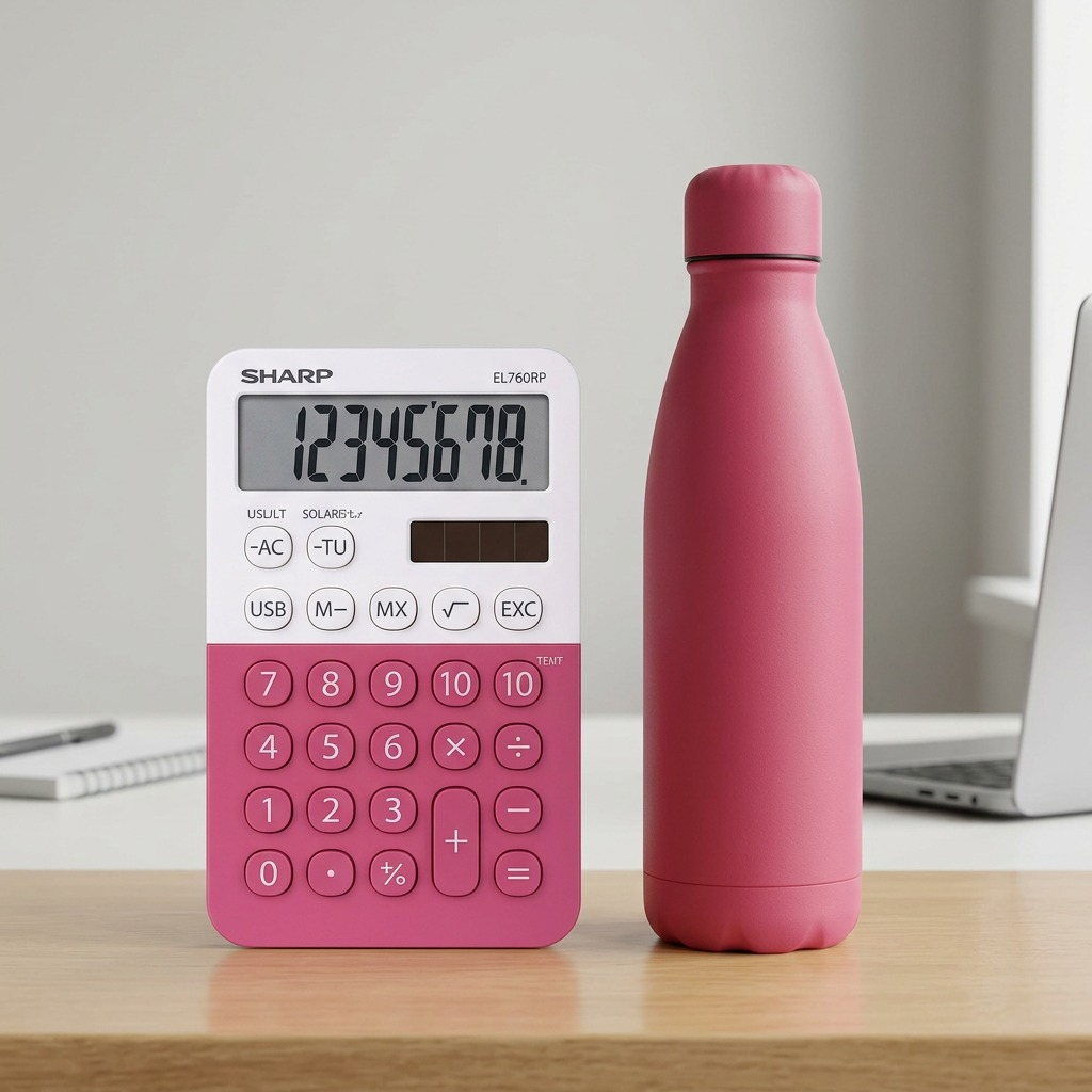 A SHARP EL760RBPK calculator is shown beside a pink sports bottle on a desk for accurate size context.