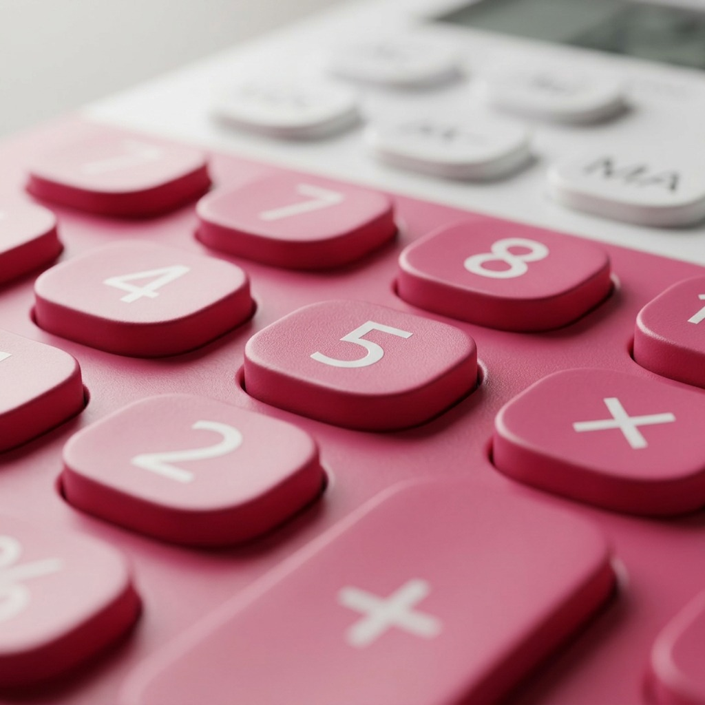An extreme macro photograph showcasing the precise printing and varied keycap textures on the pink calculator keyboard.