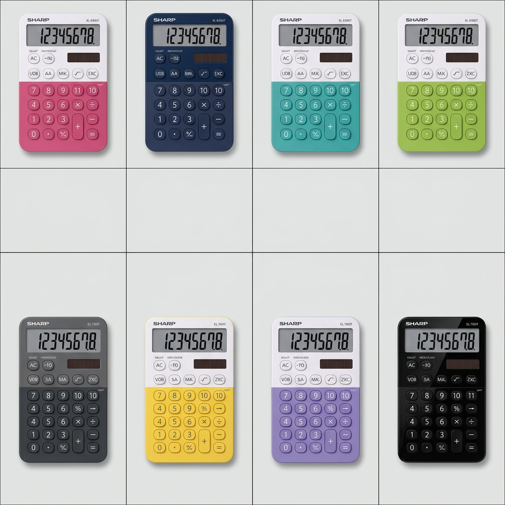 A matrix display featuring the Sharp EL760RBPK calculator in eight different color variants against a light grey background.