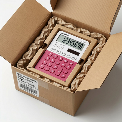 A photograph of an open shipping box, showing the Sharp EL760RBPK calculator securely packaged in sustainable, protective cardboard and paper void-fill. On the outer box, a label states 'Ships FAST across Canada'.