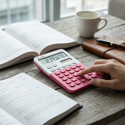 Lifestyle shot of a student at a wooden desk, using the pink Sharp calculator while studying a textbook, with scattered pencils and an apple.