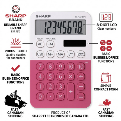 An infographic for the SHARP EL760RBPK calculator showing features, build, and fast Canadian shipping.