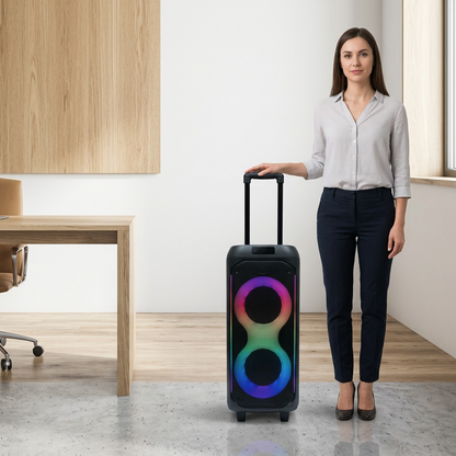 A woman stands next to the 27.5-inch tall Sharp PS-935 portable speaker to show its scale.