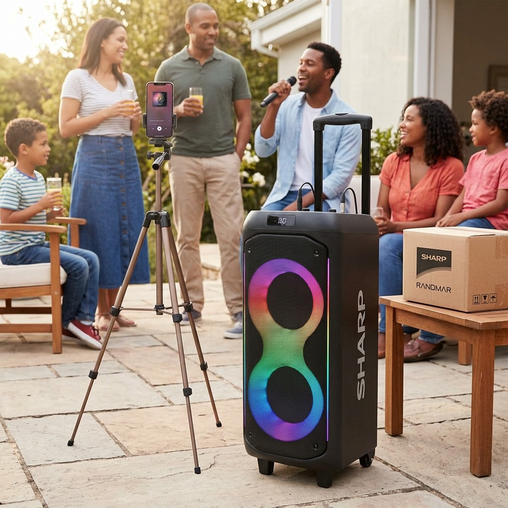 Sharp PS-935 portable party speaker with LED lights at an outdoor karaoke gathering with family.