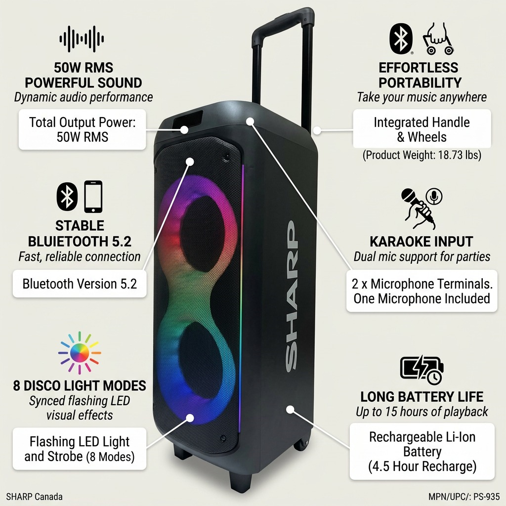 Sharp PS-935 speaker feature callout showing 50W sound, Bluetooth 5.2, LED lights, and trolley wheels.