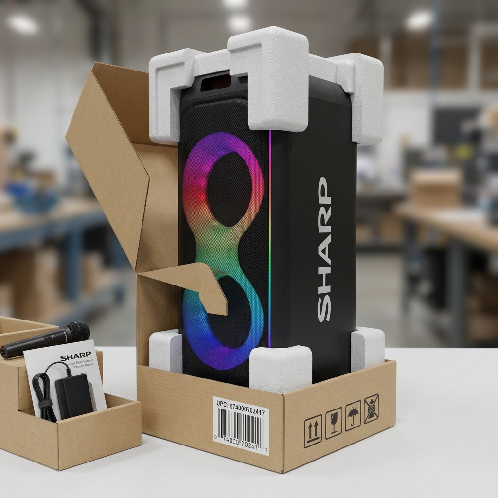 Sharp PS-935 party speaker unboxing with protective foam corner guards, microphone, and adapter.
