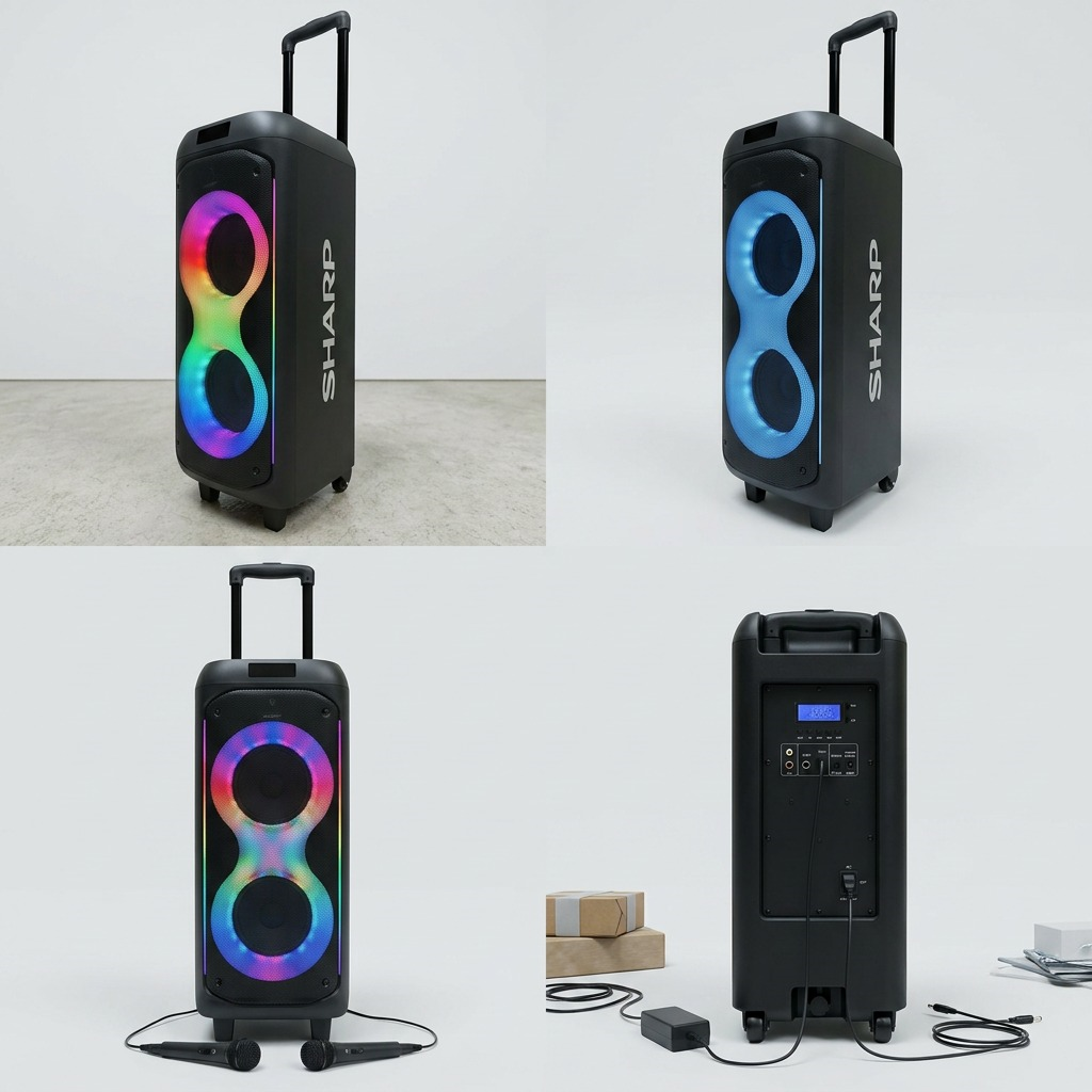 Sharp PS-935 party speaker matrix showing trolley handle, RGB LED lights, and back control panel.