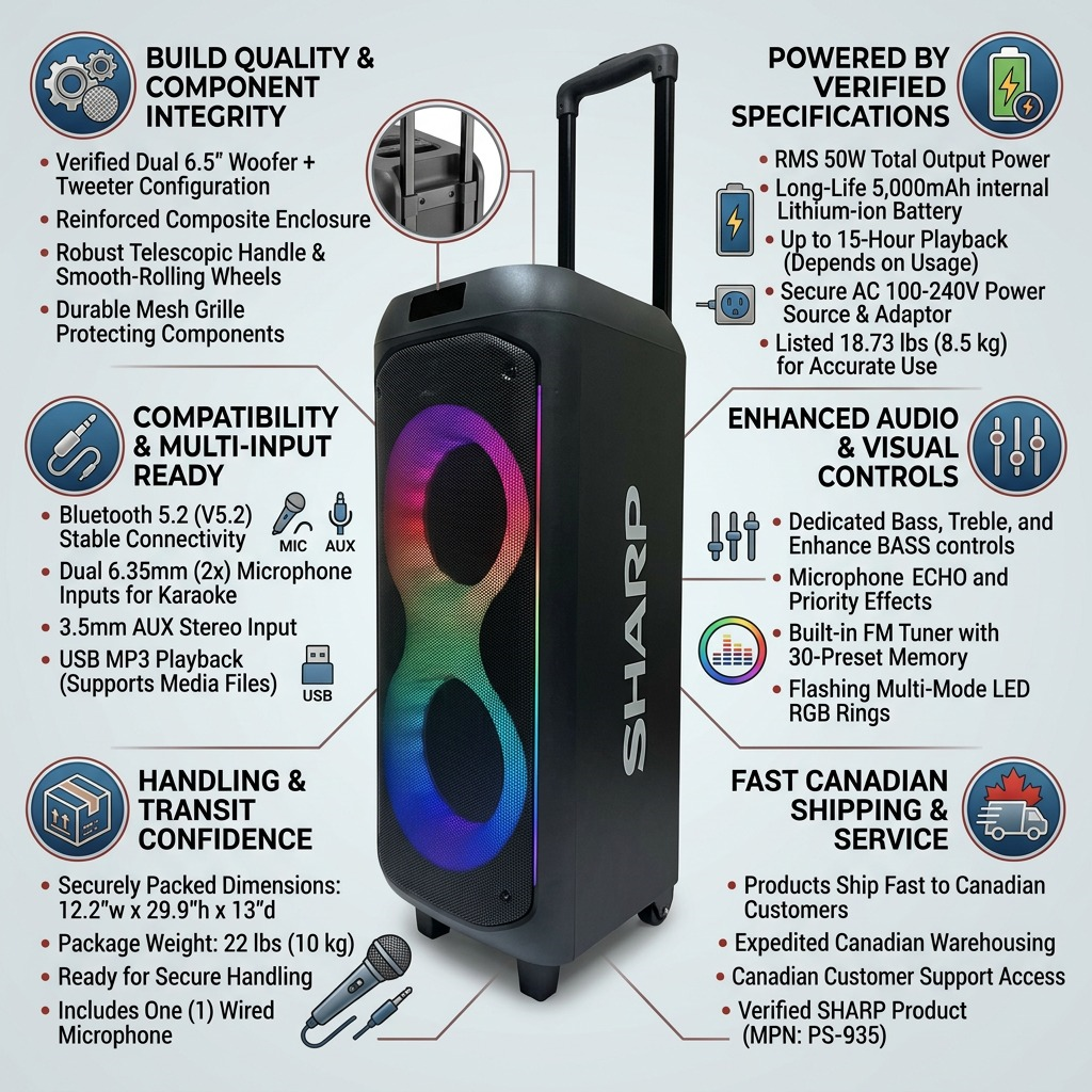 Sharp PS-935 party speaker infographic showing 50W output, 15H battery, and fast Canadian shipping.