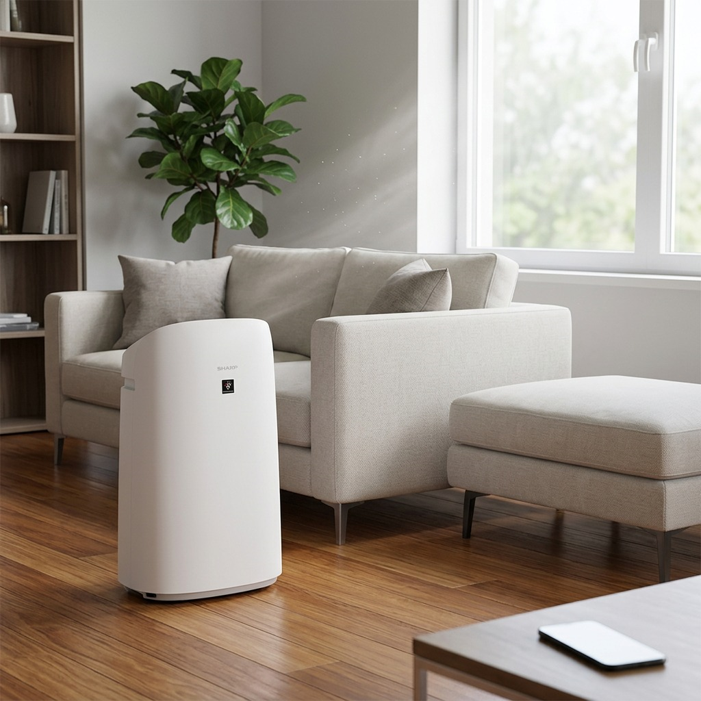 A photograph of the SHARP KCP110CW smart air purifier and humidifier in a contemporary living room.