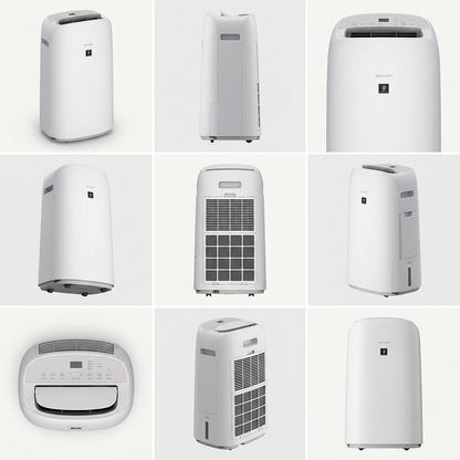 A 3x3 matrix showing the specified Sharp Smart HEPA Air Purifier from multiple distinct angles, including front, side, back, and top-down views.
