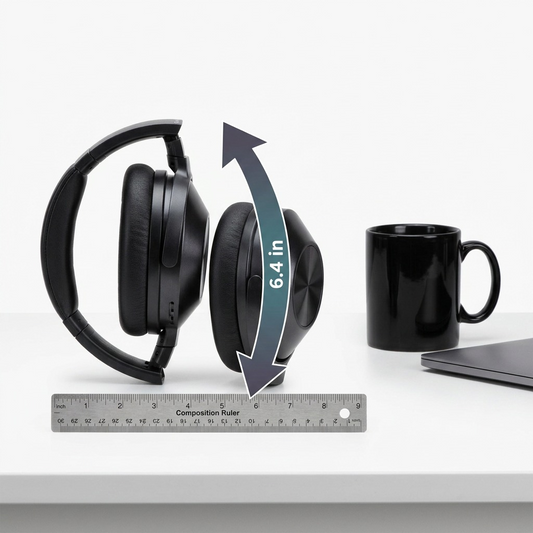 Sharp HP-60 headphones with 6.4 in width next to a ruler and a small banana for scale.