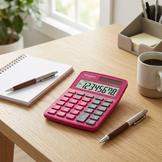 Alt Text: A SHARP EL-760RPK pink calculator sits on a neat desk next to notebooks and a pen.