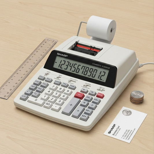 The grey SHARP printing calculator in true 1:1 scale next to a standard length ruler for precise dimensioning.
