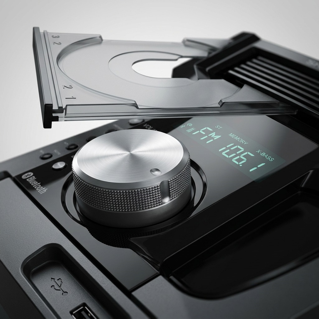 Macro photograph of the SHARP CD-BH950 multi-disc mechanism and volume knob.