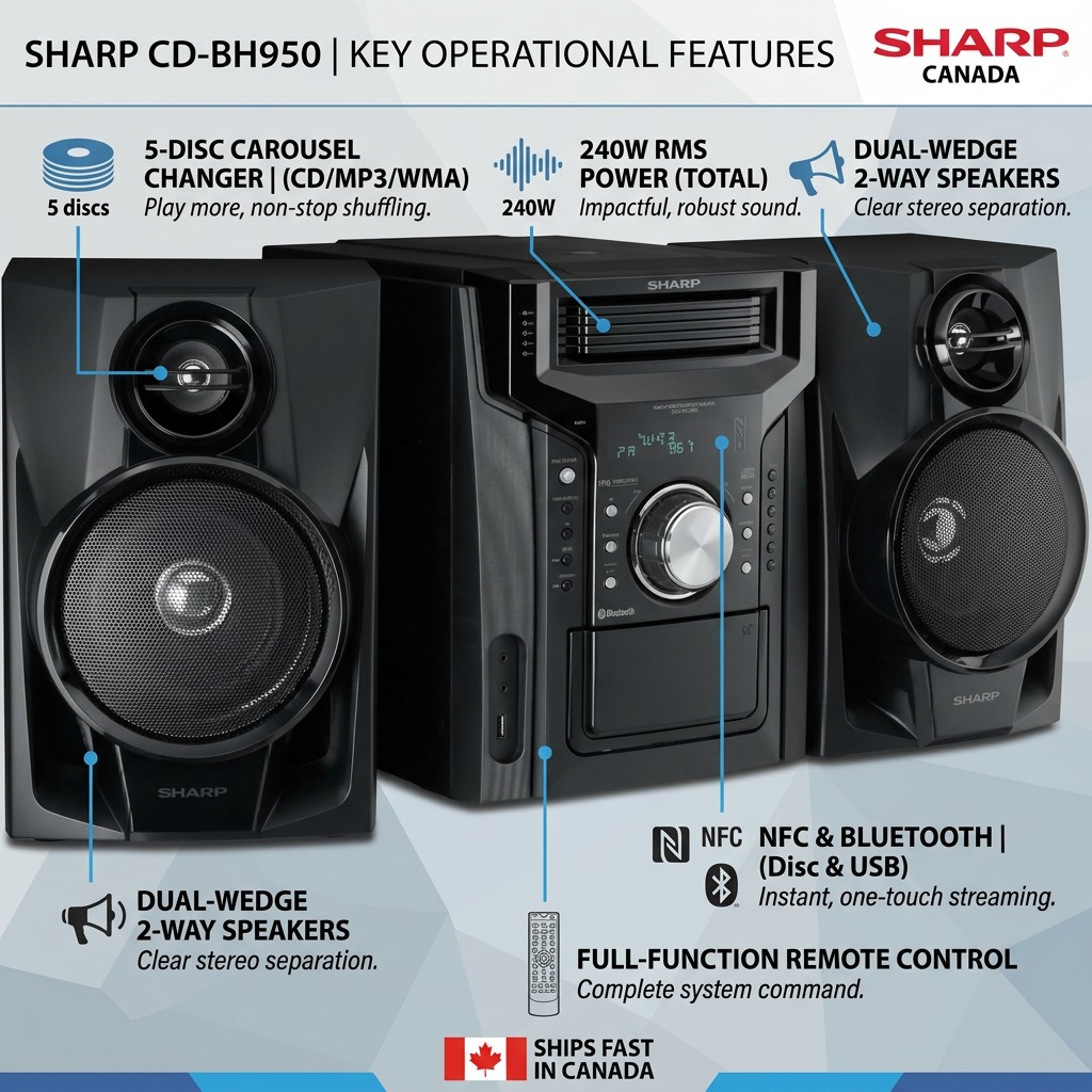 PDP visual matrix feature graphic for Sharp CD-BH950 system, highlighting key components: 5-Disc Carousel changer, 240W RMS Audio power, NFC/Bluetooth pairing, 2-Way speakers, and clear Digital Display.