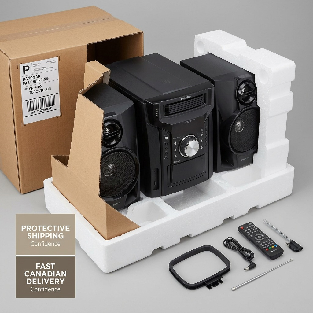 Ecommerce image showing the unboxing of a new Sharp CD-BH950 stereo system with protective custom foam and Canadian destination labeling.