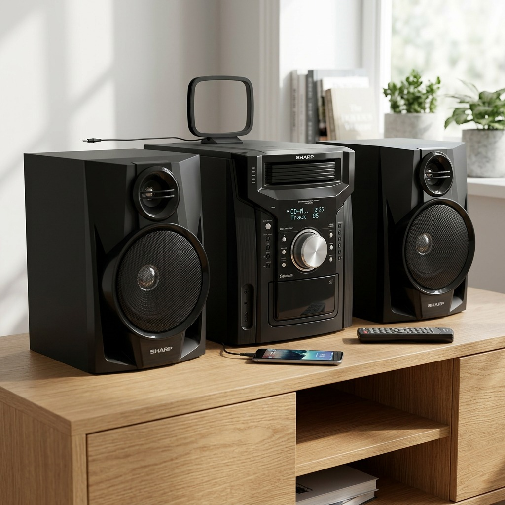 A 3/4 perspective lifestyle shot of the SHARP CD-BH950 stereo system with detached speakers, remote, and antennas on a contemporary oak credenza with natural window light.