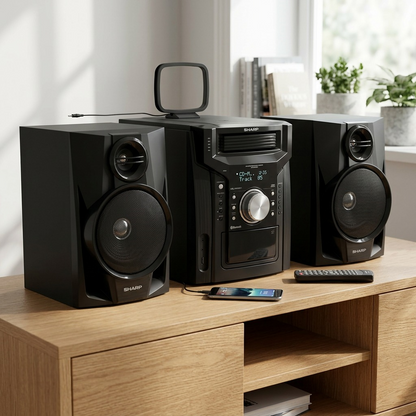 A 3/4 perspective lifestyle shot of the SHARP CD-BH950 stereo system with detached speakers, remote, and antennas on a contemporary oak credenza with natural window light.