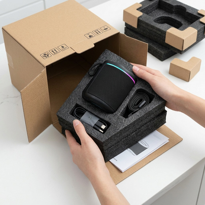 The SHARP GX-BT190-BK speaker in a foam cutout, reducing shipping anxiety and showing protection.
