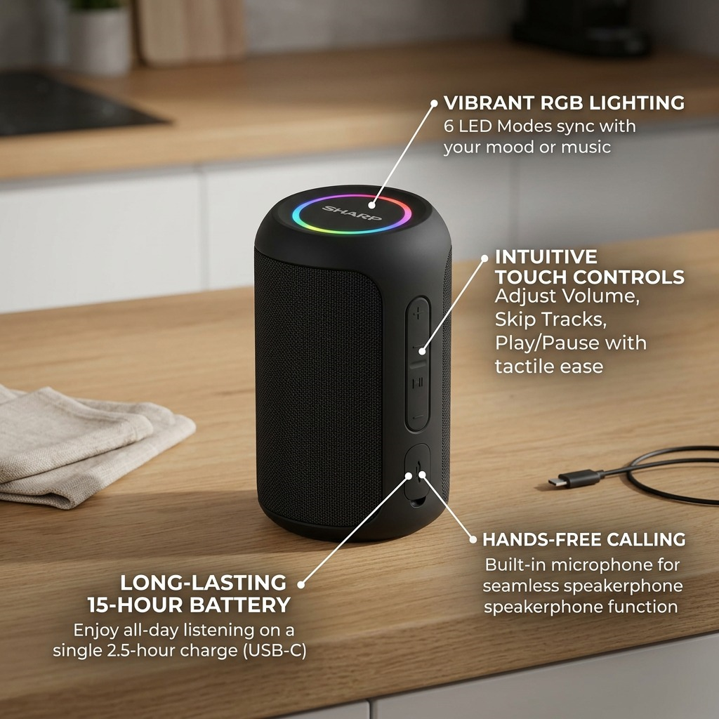 SHARP GX-BT190-BK infographic highlighting RGB lighting modes, intuitive touch controls, and 15-hour battery life.